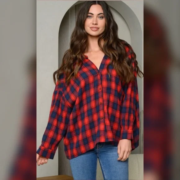RED LONG SLEEVE BUTTON UP PLAID FLANNEL - Picture 1 of 4